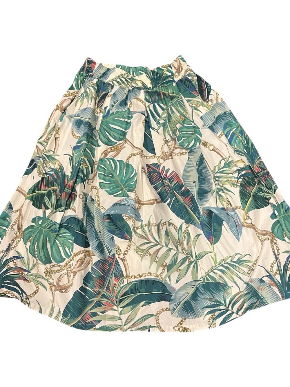 Tropical Leaf A-Line Skirt in Cream and Green - Unbranded
